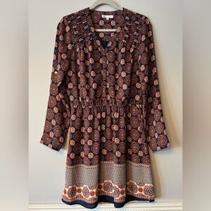 DR2 Geometric Long Sleeve Dress - Navy Blue and Orange (Size: M)